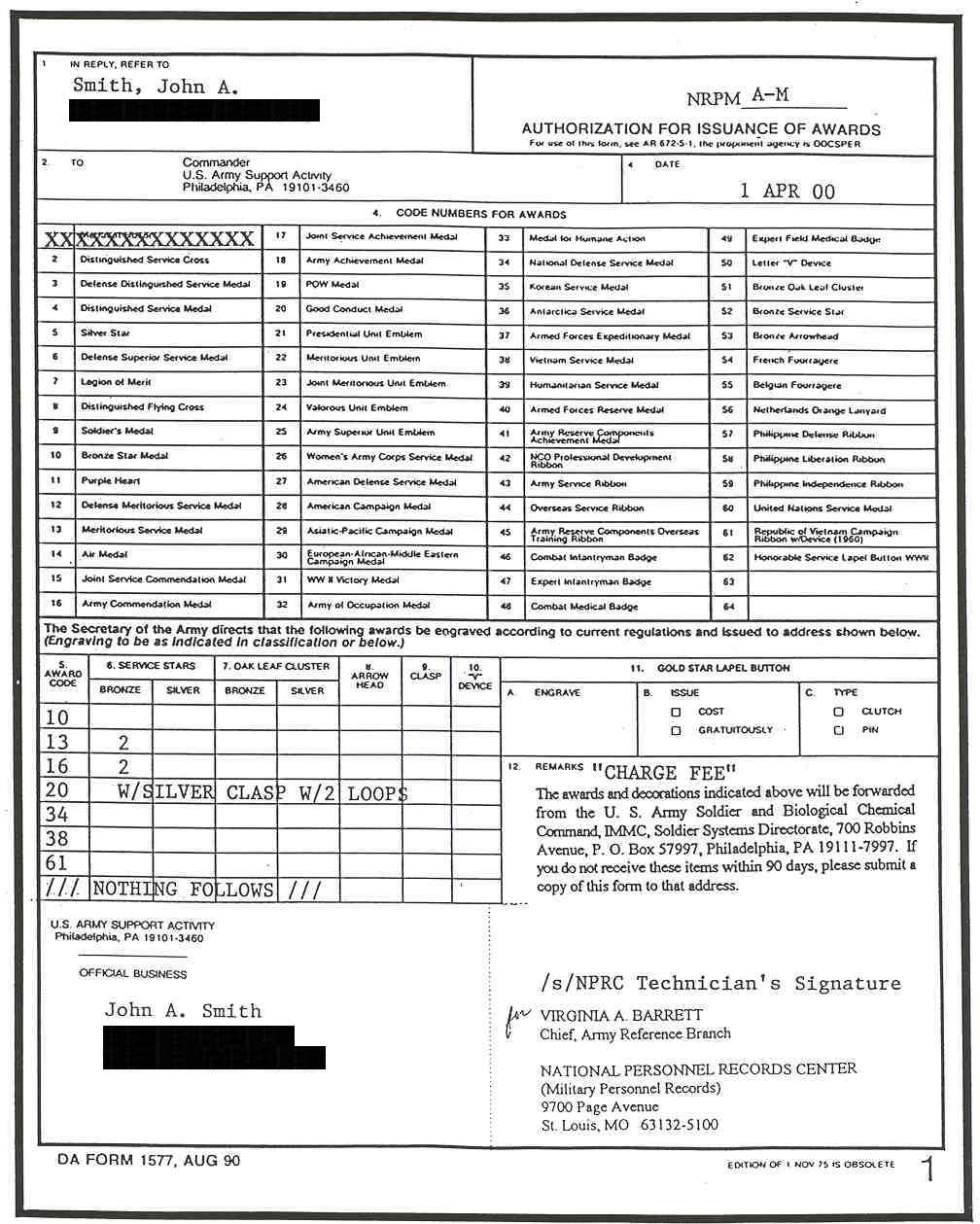 DA Form 1577 Authorization For Issuance Of Awards Part 1 Of 2 