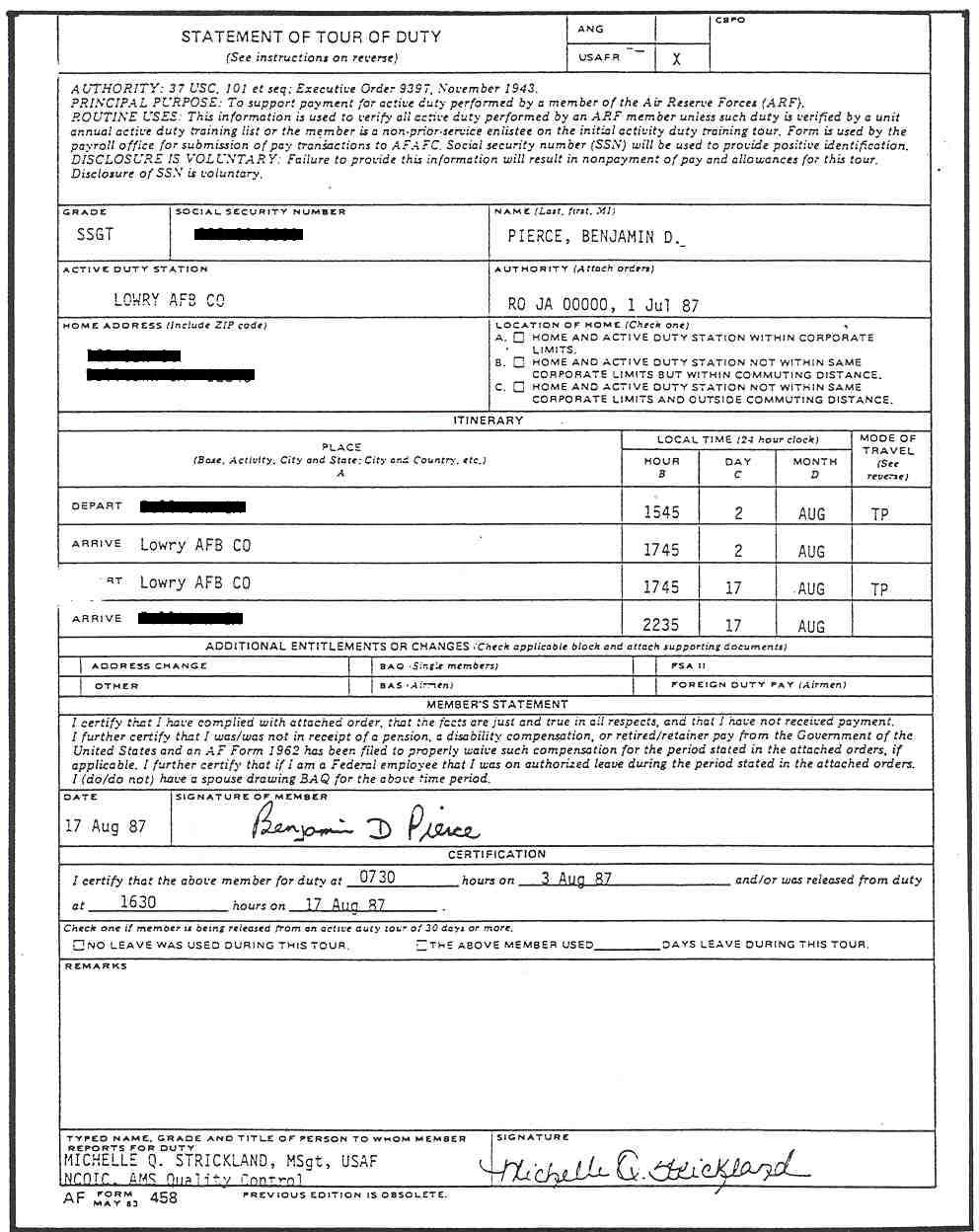 AF Form 458 Statement Of Tour Of Duty